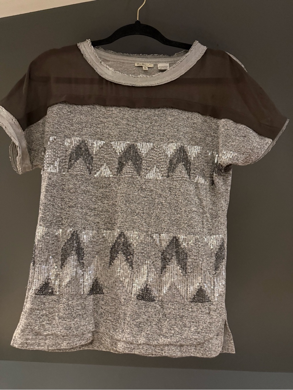 Miss Me Gray Sequin Chevron Knit Top with Sheer Black Yoke